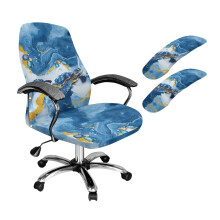 Bureaustoelhoezenset met marmerprint en zeeschildpadmotief, afneembare, stofwerende hoes met armleuninghoezen, rekbaar voor draaistoelen, blauw