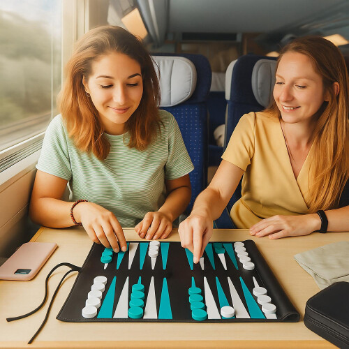 Travel Backgammon Set, Roll-Up Leather Look 1