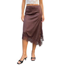 (S, Light Brown) Women Skirt Elastic Waist Lace Patchwork Irregular Hem Side Slit Casual Going Out Skirts