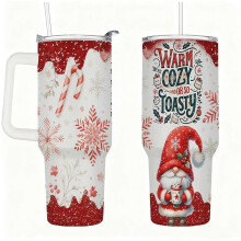 Isolierter Trinkbecher mit Weihnachtsschneeflocken- und Gnome-Motiv, Henkel, festlichem Zuckerstangen-Design, Edelstahl-Reisebecher mit Deckel und