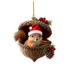 Weihnachtsbaumschmuck mit Eichelmotiven, gemütliche Deko, personalisiertes Eichhörnchen mit rotem Hut und Tannenzapfen, hängender