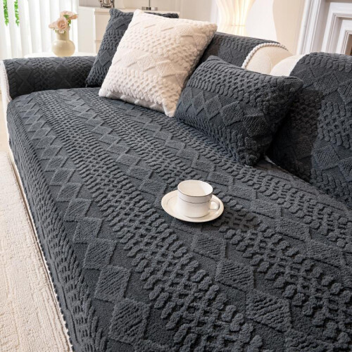 (Black, Armrest 27.5*27.5in) Solid Color Thick Plush Sofa Cover, 1 Count Modern Simple Sofa Cushion, Soft Sofa Protector 2