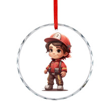 Cartoon Firefighter Boy Glass Ornament 2025