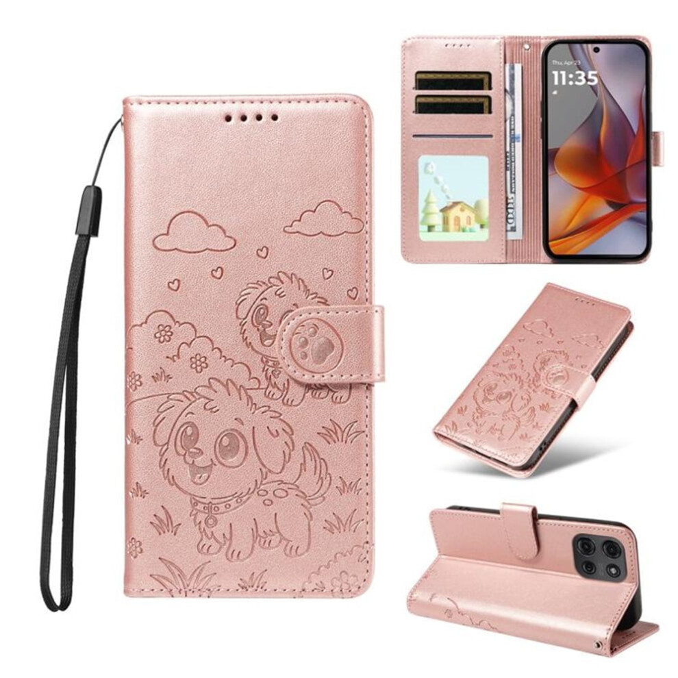 Leather Flip Case For Motorola Moto G75 5G Â Dog Embossing, Rfid Blocking, Wallet, Magnetic Clasp, Lanyard & Stand Pink 9340959338238