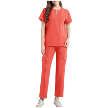 Women Scrubs Set Solid Orange V-Neck Blouse and Drawstring