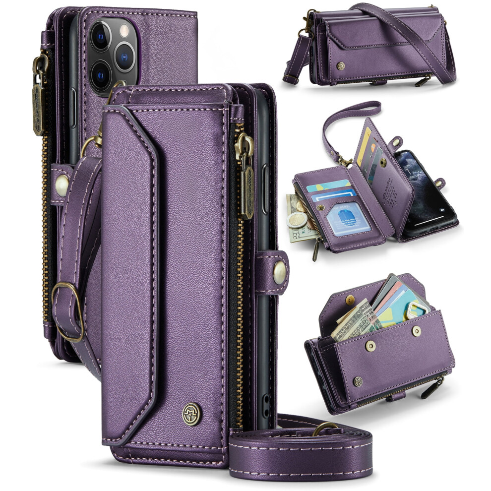 Caseme Leather Wallet Case For Iphone 11 Pro 5.8-Inch: Rfid Blocking, 7-Card Holder, Zipper Bills Slot, Magnetic Wrist Strap 9340959339914