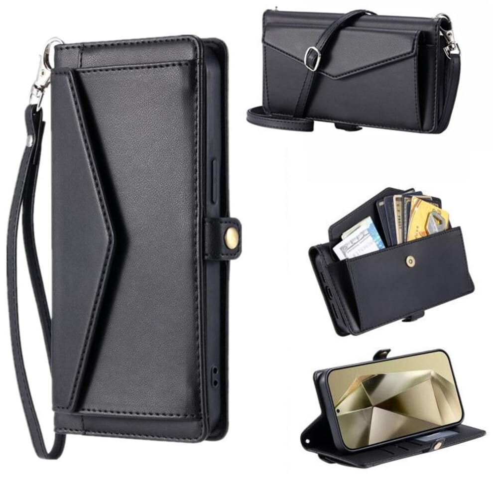 Compatible With Samsung Galaxy S25 Edge 5G Pu Leather Flip Caseâ3 Card Slots, Hidden Pocket, Detachable Straps, Shockproof, Black 9340959339228