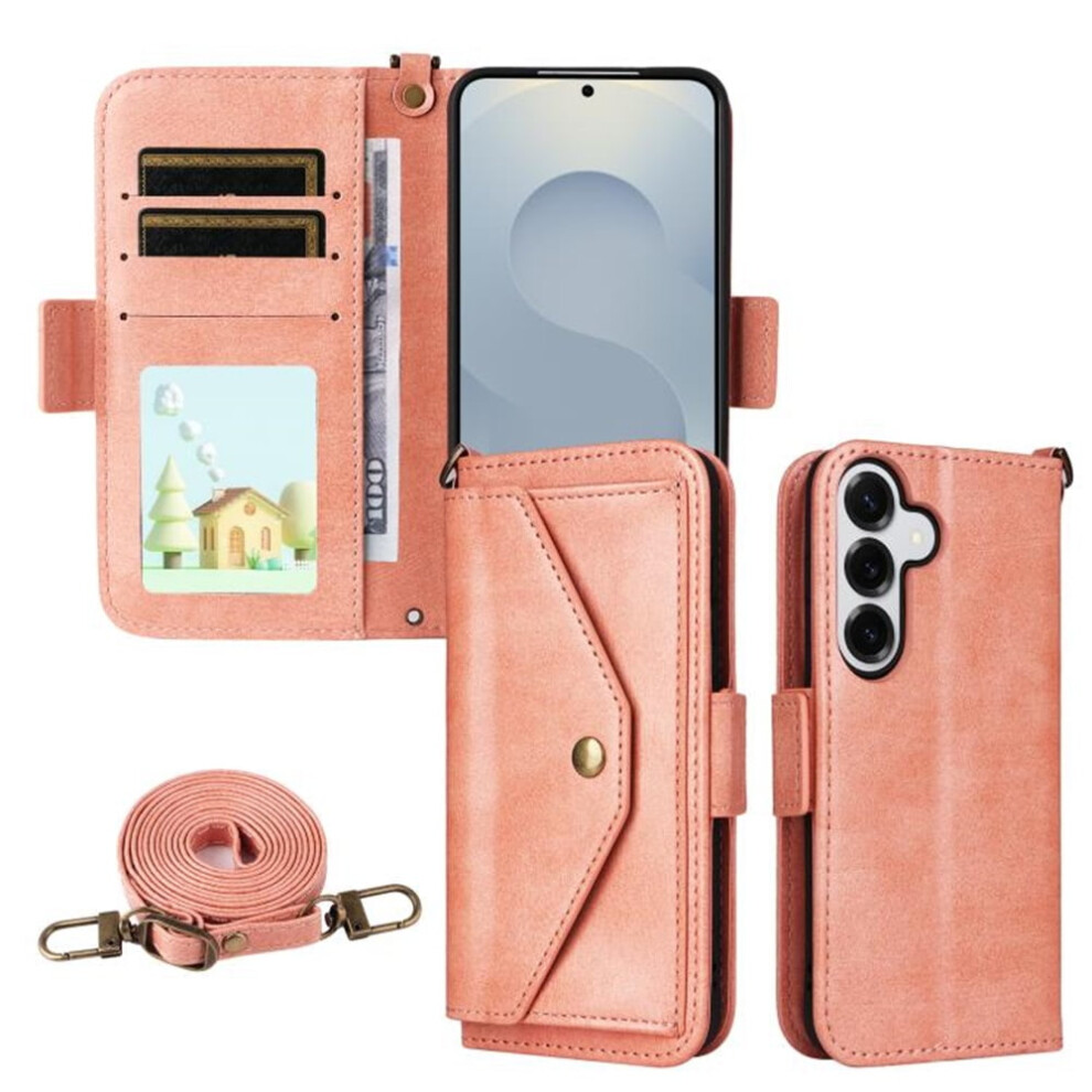Vintage Leather Wallet Case For Samsung Galaxy S24/S25 5GâMulti-Card Slots, Hidden Button Pocket, Detachable Strap, Shockproof, Pink 9340959338757