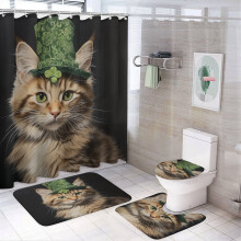 Ensemble de rideau de douche chat pour la Saint-Patrick (4 pièces) avec tapis, couvre-abattant de toilette et tapis de bain – Décoration de salle