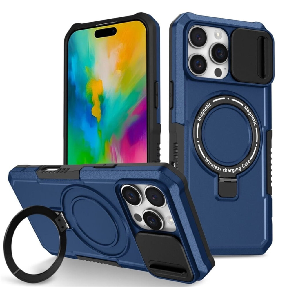 Iphone 16 Pro Max 6.9" Case Â Sliding Camera Cover, Magsafe Compatible, Shockproof, Hidden Kickstand & Ring Holder, Blue 9340959340330