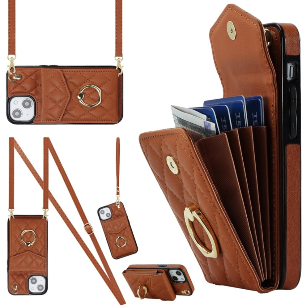Premium Pu Leather Iphone 14 Case With Rfid Shielding, Accordion Wallet, Adjustable Ring Holder & Detachable Crossbody/Wrist Strap Â Brown 9340959340521