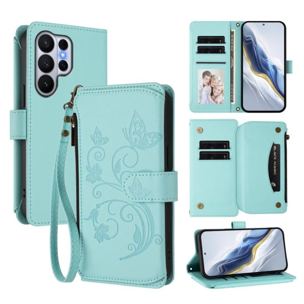 Magnetic Clasp Flip Stand Case For Compatible With Samsung Galaxy S26 Ultra 5G Â Mint Lanyard, 5-Card Holder, Butterfly Flower Zipper Wallet Green 9009879189558