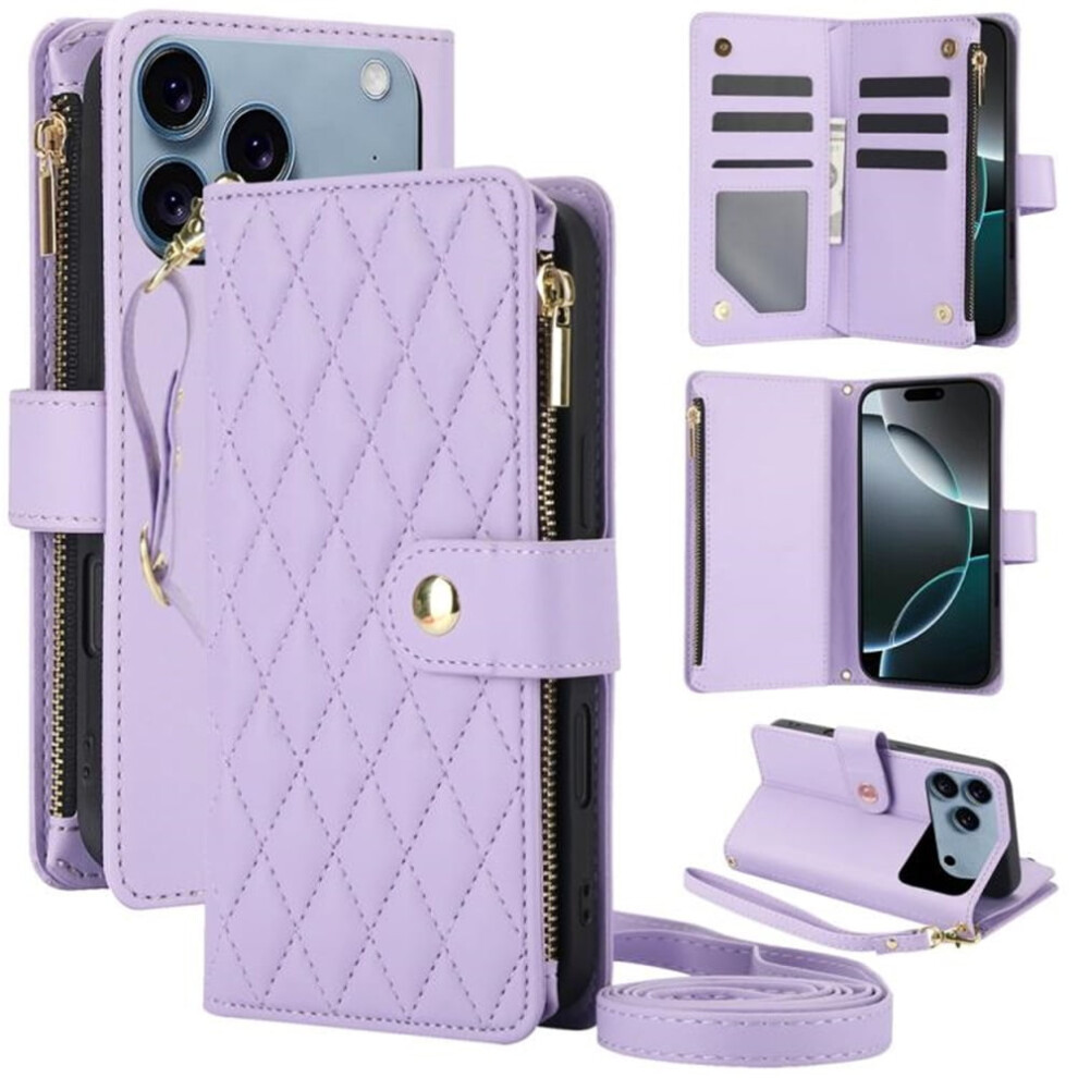 Rfid-Blocking Flip Wallet Case For Iphone 17 Pro Max 6.9" Â 3-Card Slots, Kickstand, Wrist Strap, Lanyard & Zipper Purple 9009879190134