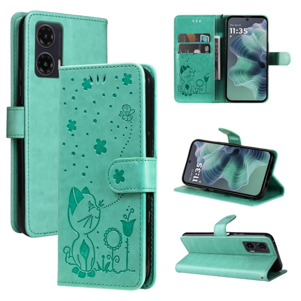 Pu Leather Flip Wallet Case For Motorola Moto G35 6.7", Cat & Bee Embossed, Magnetic Closure, Card Slots, Compatible With Motorola Moto G35 Green 9009879190493