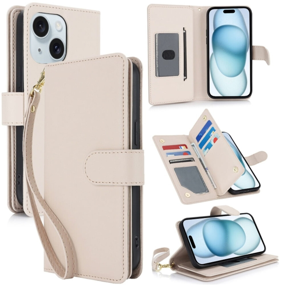 Leather Magnetic Flip Wallet Case For Iphone 15 6.1" Â Rfid Blocking, Kickstand, Anti-Drop Tpu, Detachable Wrist Strap, Apricot 9009879190202
