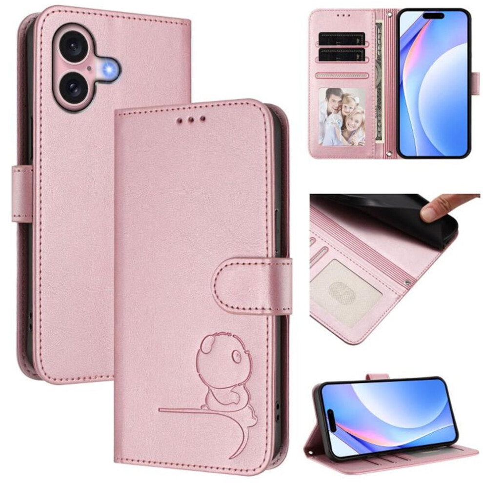 Panda Embossed Leather Iphone 16 Case With Rfid Wallet, Magnetic Clasp, Lanyard & Flip Stand Â Compatible With Iphone 16 Pink 9009879191131