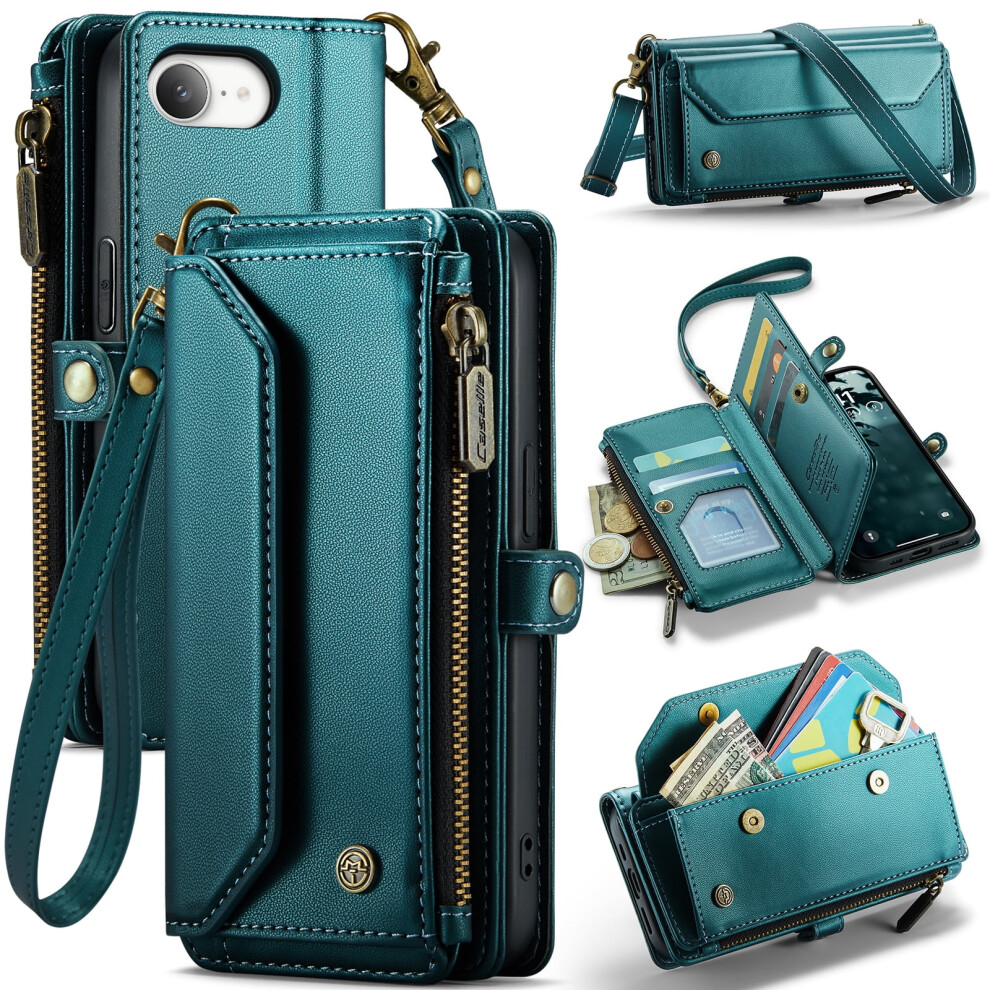 Caseme Leather Wallet Case For Compatible With Iphone 16E 6.1", Rfid Blocking, 7-Card Holder, Zipper Bills Slot, Magnetic Wrist Strap, Green 9009879191933