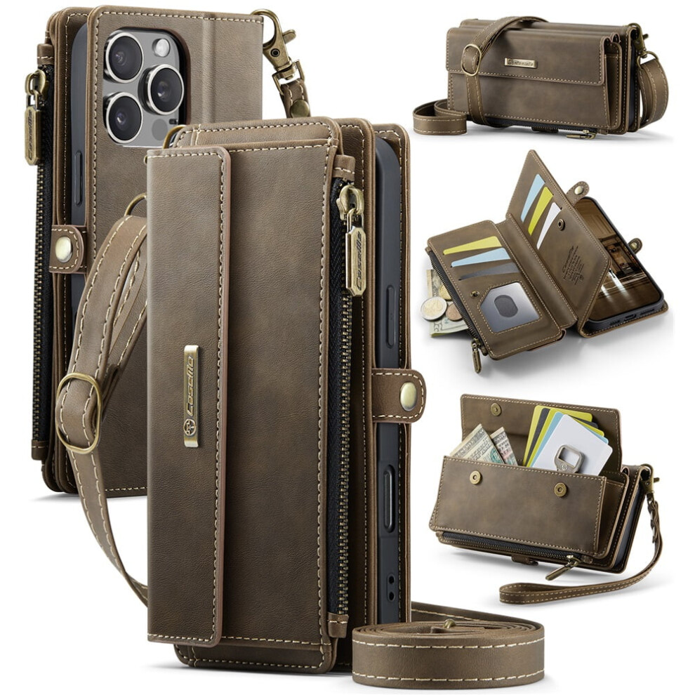 Caseme Wallet Case For Iphone 16 Pro Max 6.9", Rfid Blocking Pu Leather, Kickstand, Wrist Strap, Zipper Card Slot, Coffee Brown 9009879192138