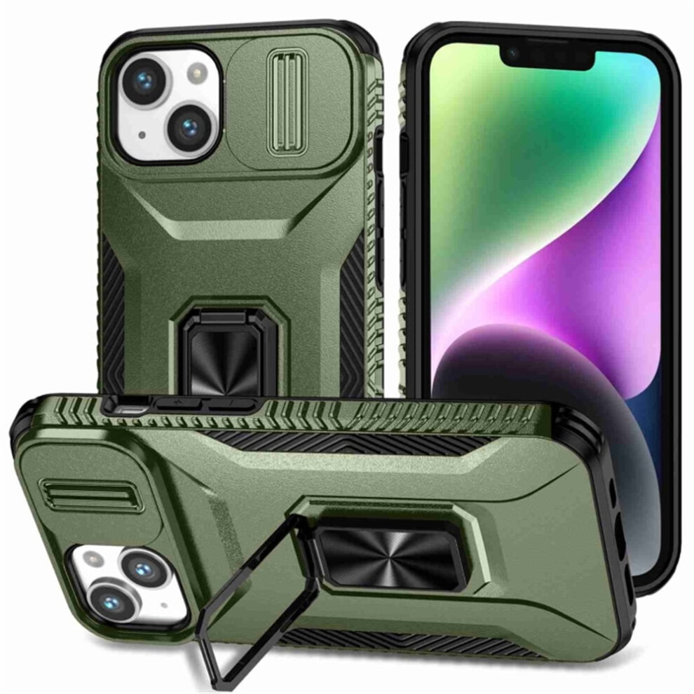 Slim Shockproof Hybrid Case For Iphone 14 Plus Â Military-Grade, Slide Camera Cover & Rotated Ring Kickstand, Alpine Green 9009879192756