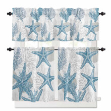 Ocean Beach Kitchen Curtains & Valances Set, Seashell Coral Starfish Rod Pocket, 27.5x36in, 3-Piece