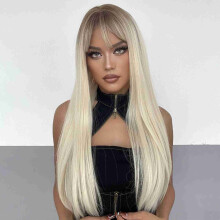 Langer Schwarzer Menschenhaar-Wig mit Pony, 66 cm, ohne Klebestreifen und atmungsaktives Netz