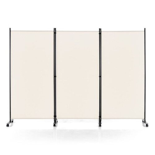 Paravent - HELLOSHOP26 - 3 panelen - 262 x 180 cm - Wit - Vergrendelbare wielen