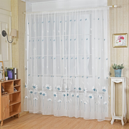Cortina bordada com crisântemo pequeno, 39,37 x 78,74 polegadas, respirável e transparente, para sala de estar e quarto (azul) 1