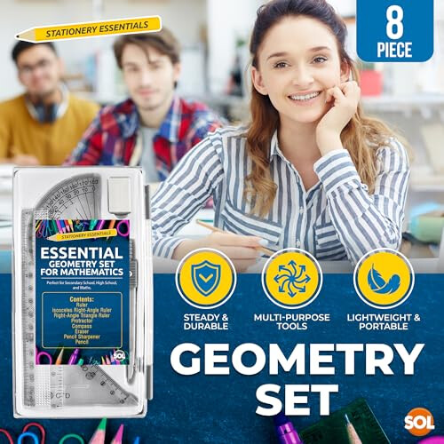 SOL SOL 8-Piece Geometry Sets for Secondary School for Mathematics, Complete Maths Kit with Ruler, Pencil, Eraser, Protractor and Compass Set 2
