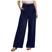Pantaloni da donna in lino, casual, a gamba larga, eleganti, a vita alta, modello paperbag, da lavoro, estivi, con nodo di cravatta e tasche, blu