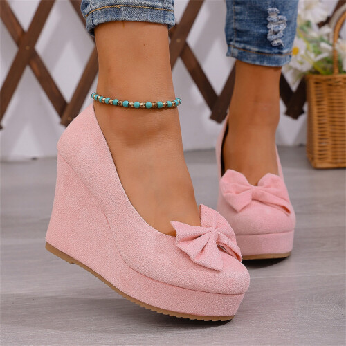 Willtoo Women's Bow Platform Wedge High Heels Ankle Strap Pumps Pink