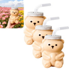 Cute Bear Glass Cup with Lid, Kawaii Teddy Bear Mug for Coffee, Smoothies, Beer – Compatible with Home Bar & Parties