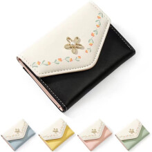 Women's Cute Wallet, Small Tri-Fold RFID Blocking Leather Wallet with ID Window, Girls and Women - Flowers/Black