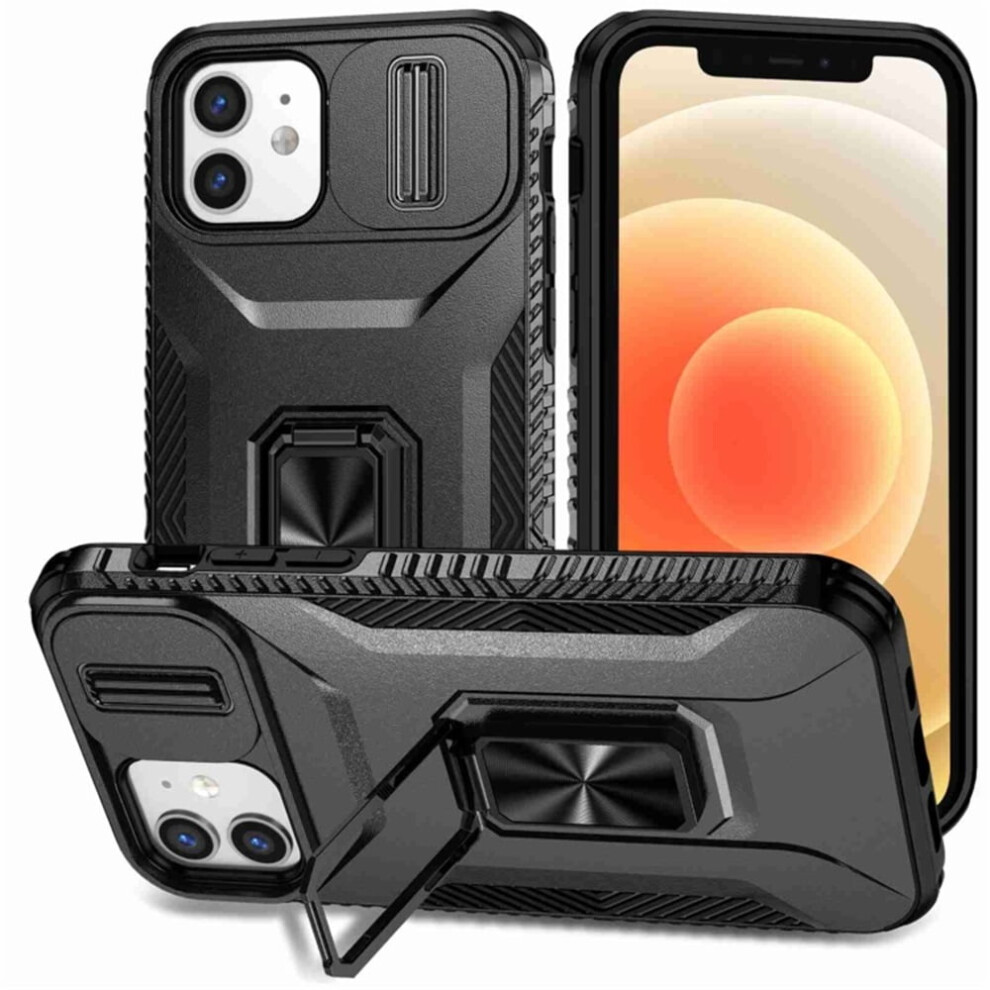 Slim Shockproof Hybrid Case For Iphone 12/12 ProâMilitary-Grade, Slide Camera Cover & Rotating Ring Kickstand, Black 9482828632297