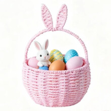 Easter Wicker Bunny Basket with Handle, Purple – Portable Picnic & Egg Storage Basket, Imitation Rattan Flower Basket