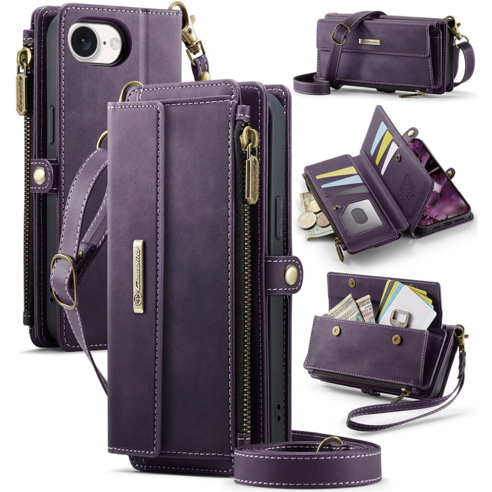 Caseme Wallet Case For Iphone 16E—Rfid-Blocking Pu Leather, Kickstand, Wrist Strap, Zipper, Card Slots— Purple 9482828634529