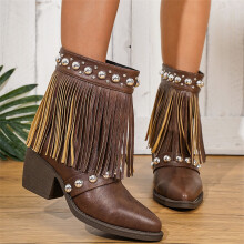 Stivali da cowboy/cowgirl da donna Willtoo con nappe, stivaletti eleganti con borchie e tacco grosso, stivali western marroni.
