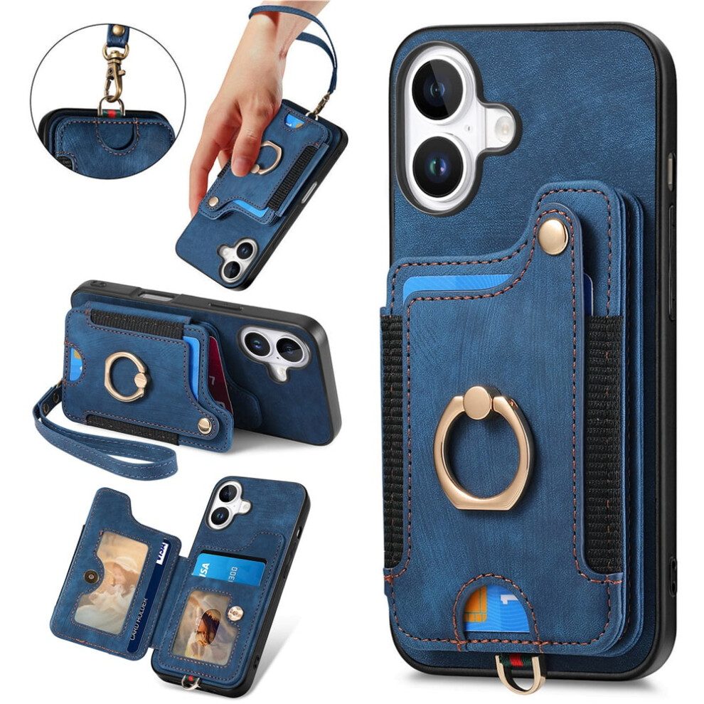 Iphone 16 Plus Wallet Case Â Pu Leather Flip Folio With Rfid Blocking, Ring Holder, Kickstand, Wrist Strap & Magnetic Closure Â Blue 9482828635892