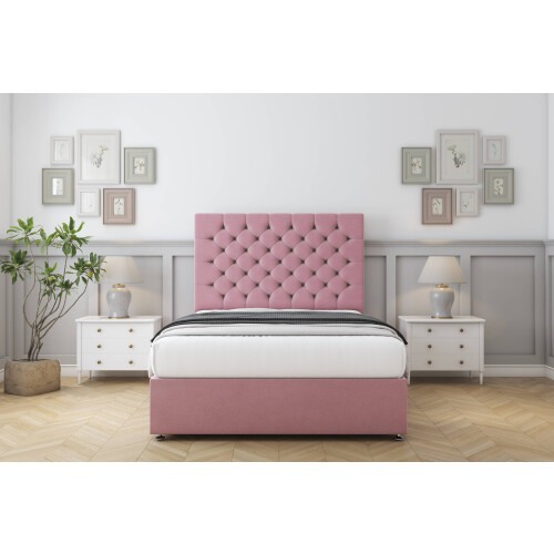 Sloomy Mayfair Pink Plush Divan Bed Base 2 Drawers Same Side With 26" Strutted Headboard 4' Small Double 1