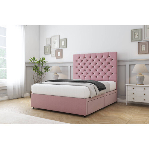 Sloomy Mayfair Pink Plush Divan Bed Base 2 Drawers Same Side With 26" Strutted Headboard 4' Small Double 2