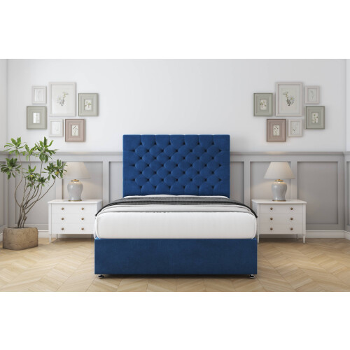 Sloomy Mayfair Navy Plush Divan Bed Base 2 Drawers Same Side With 26" Strutted Headboard 4' Small Double 1