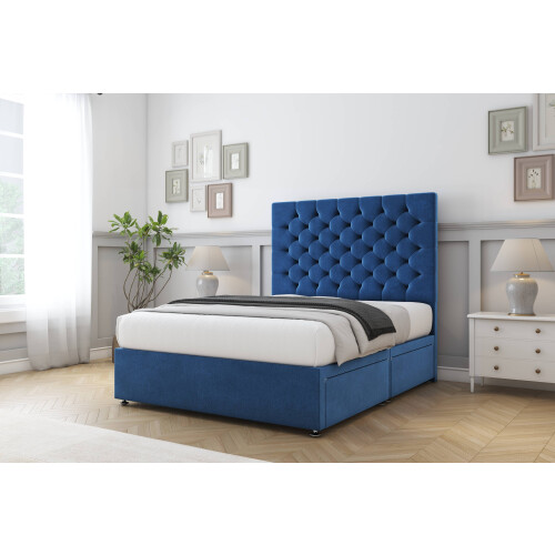 Sloomy Mayfair Navy Plush Divan Bed Base 2 Drawers Same Side With 26" Strutted Headboard 4' Small Double 2