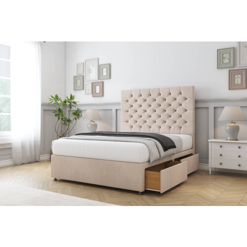 Sloomy Mayfair Sand Naples Divan Bed Base 2 Drawers Same Side With 26" Strutted Headboard 4' Small Double 2