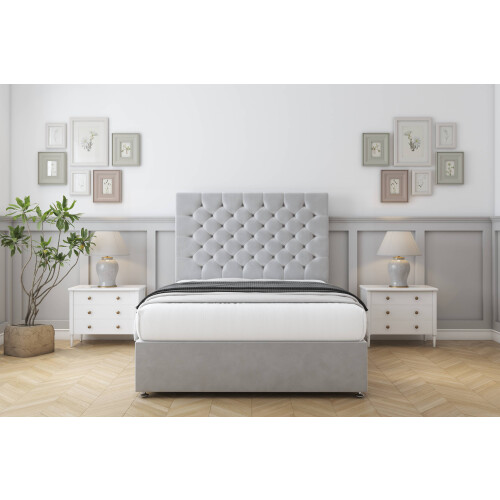Sloomy Mayfair Silver Plush Divan Bed Base 2 Drawers Same Side With 26" Strutted Headboard 4' Small Double 1