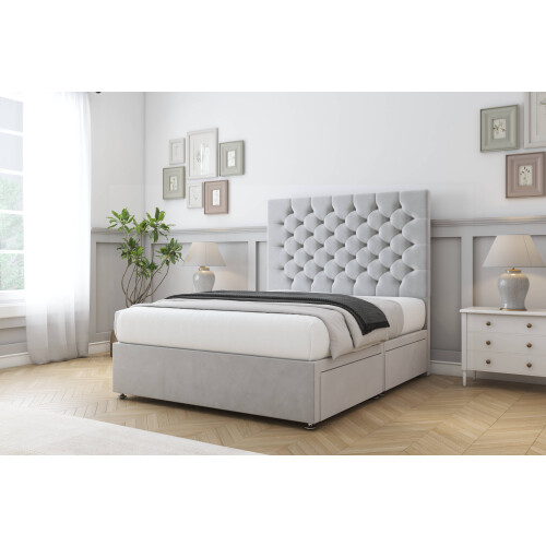 Sloomy Mayfair Silver Plush Divan Bed Base 2 Drawers Same Side With 26" Strutted Headboard 4' Small Double 2
