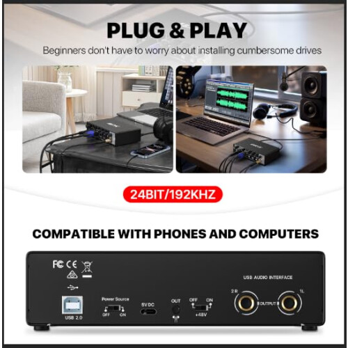 USB Audio Interface for PC,Computer Audio Interface for Recording Music 24Bit/196kHz, Portable Interfaz de Audio Mixer for Studio, Beginner Friendly 2