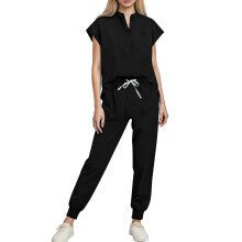 Women's Jogger Scrubs Top V-Neck Short Sleeve Black
