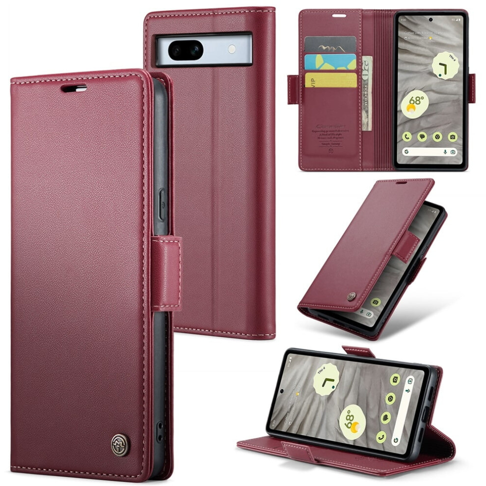 Caseme Leather Wallet Case For Google Pixel 7A – Rfid Blocking, Magnetic Clasp, Kickstand, Wine Red 9482828637087