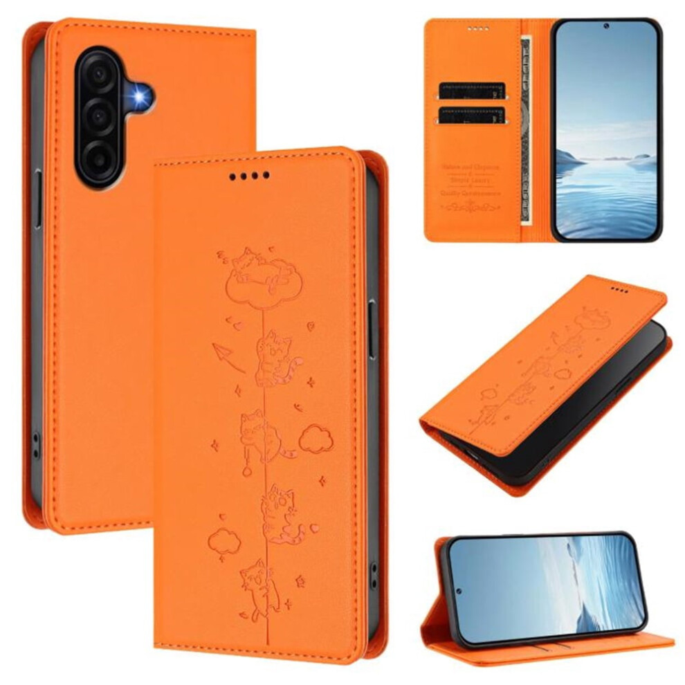 Leather Flip Wallet Case For Compatible With Samsung Galaxy A57 5G Â Rfid Blocking, Cats Embossed, Magnetic Closure, Card Holder, Orange 9009879202585
