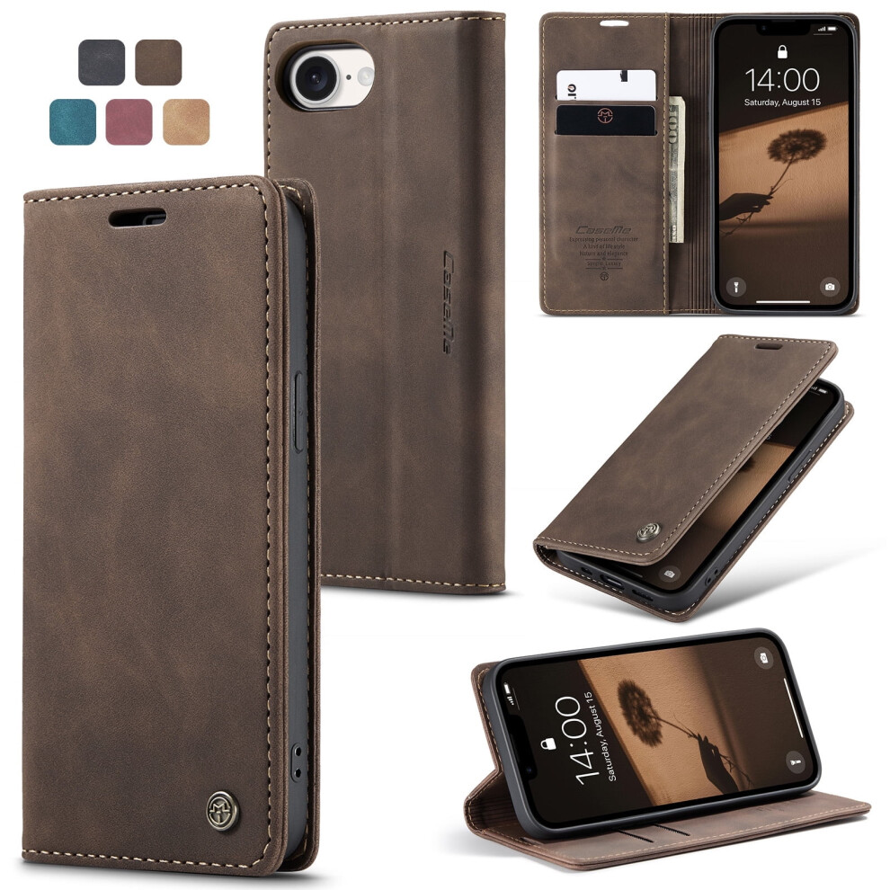 Caseme Leather Flip Wallet Case For Compatible With Iphone 16E – Magnetic Closure, Card Holder, Shockproof, Kickstand, Coffee Brown 9009879201885
