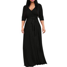 Abito lungo da donna a 3/4 con scollo a V e maniche a portafoglio, modello a trapezio aderente e arricciato, perfetto per feste e balli di fine anno.